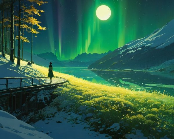 Serene Winter Landscape with Auroras and Moonlight