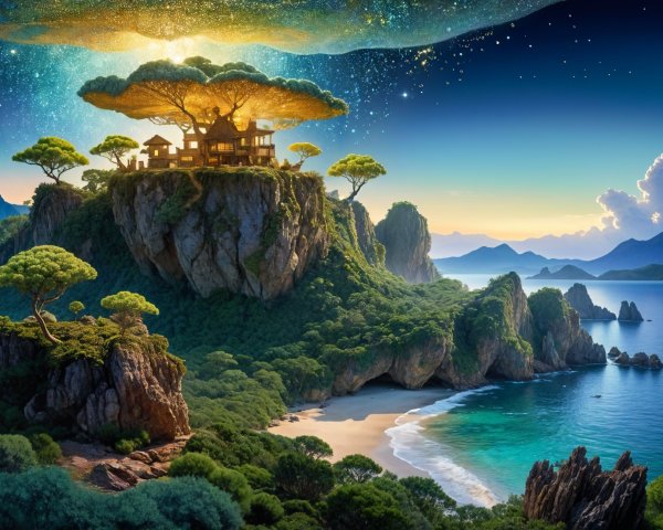 Majestic Island Scene with Lush Greenery and Beach