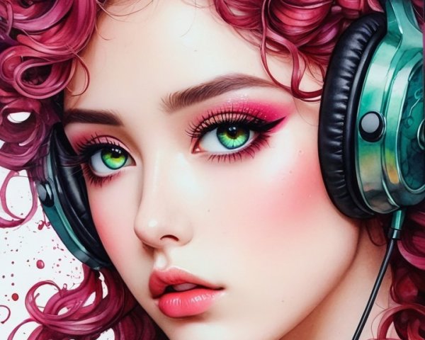 Young woman with pink hair and emerald eyes holding rose