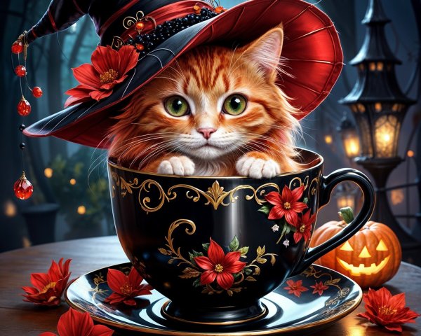 Orange Tabby Cat in Witch Hat in Decorated Teacup