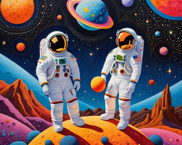 Astronauts on Colorful Otherworldly Terrain in Space