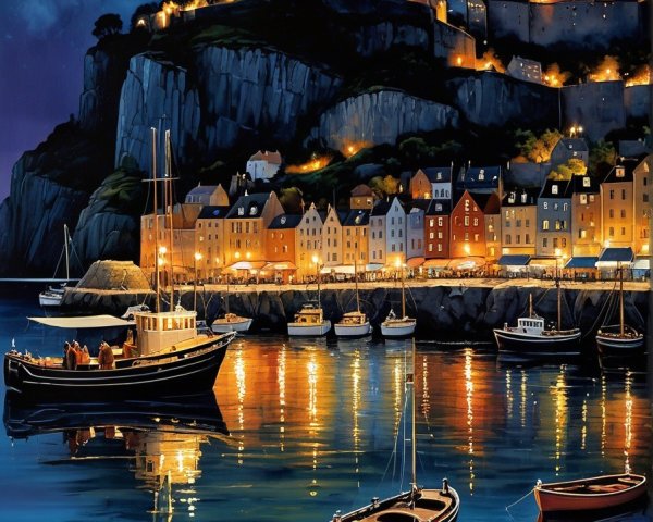 Coastal Village Night Scene with Moonlit Landscape