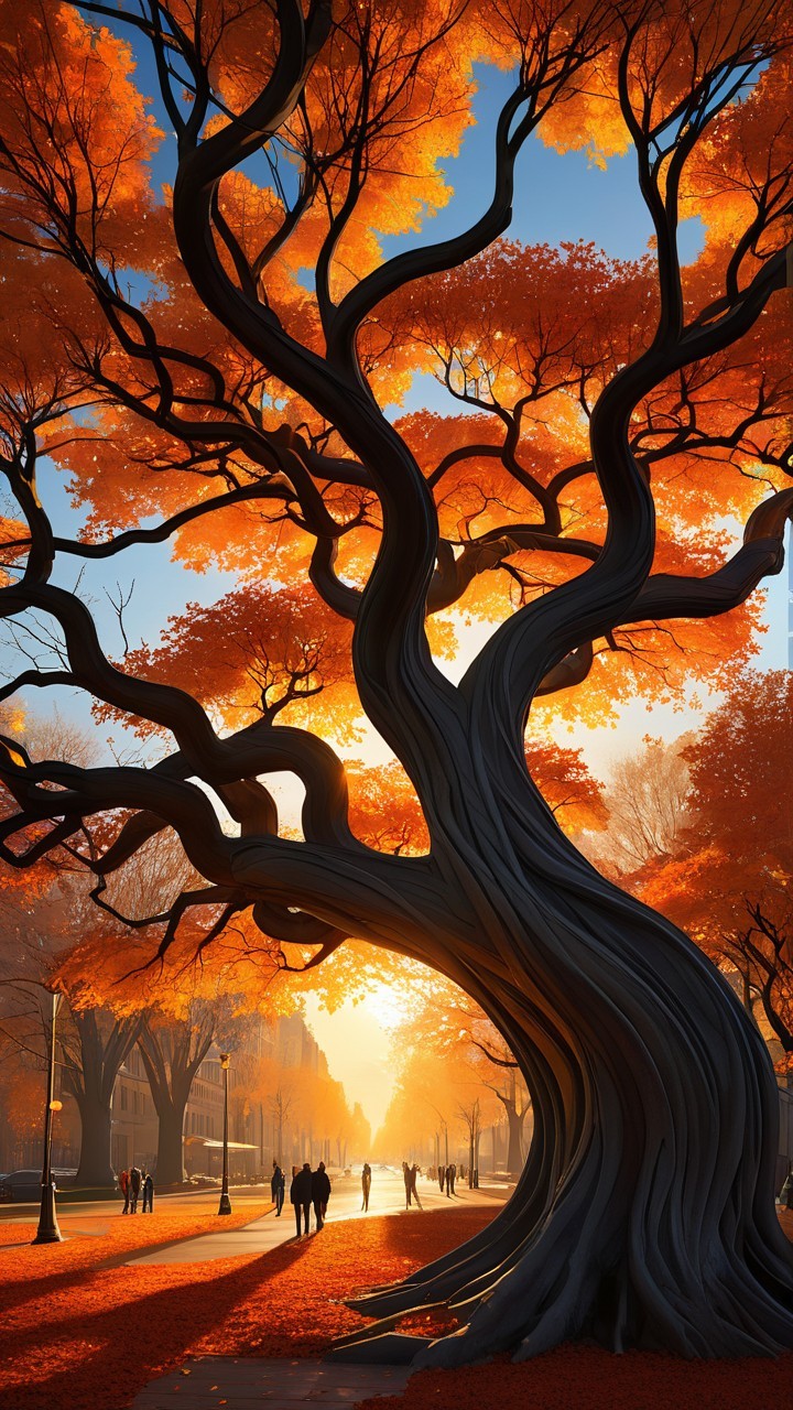 Majestic tree with orange leaves under blue sky