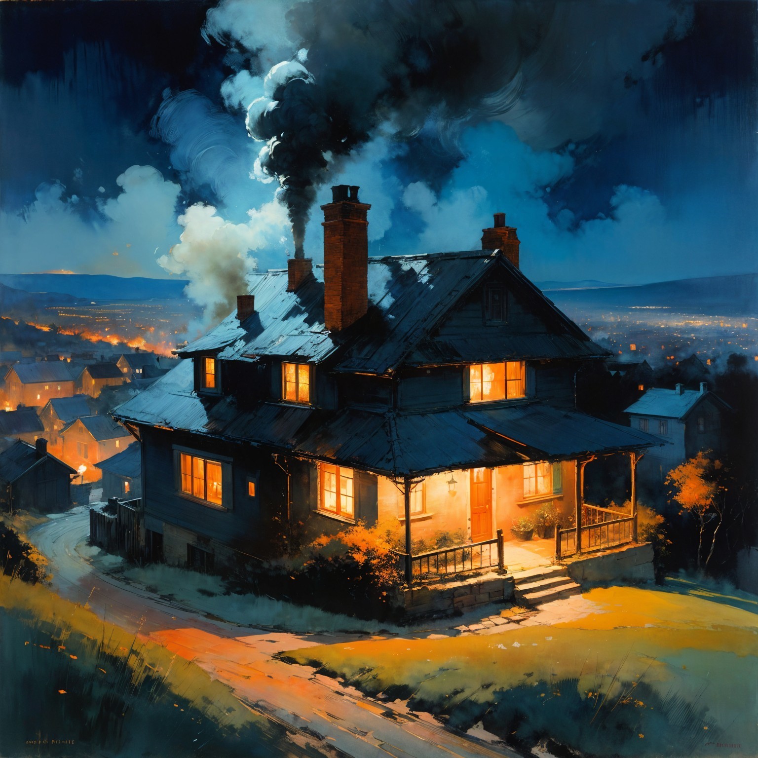 Old-Fashioned House Illuminated at Night with Smoke