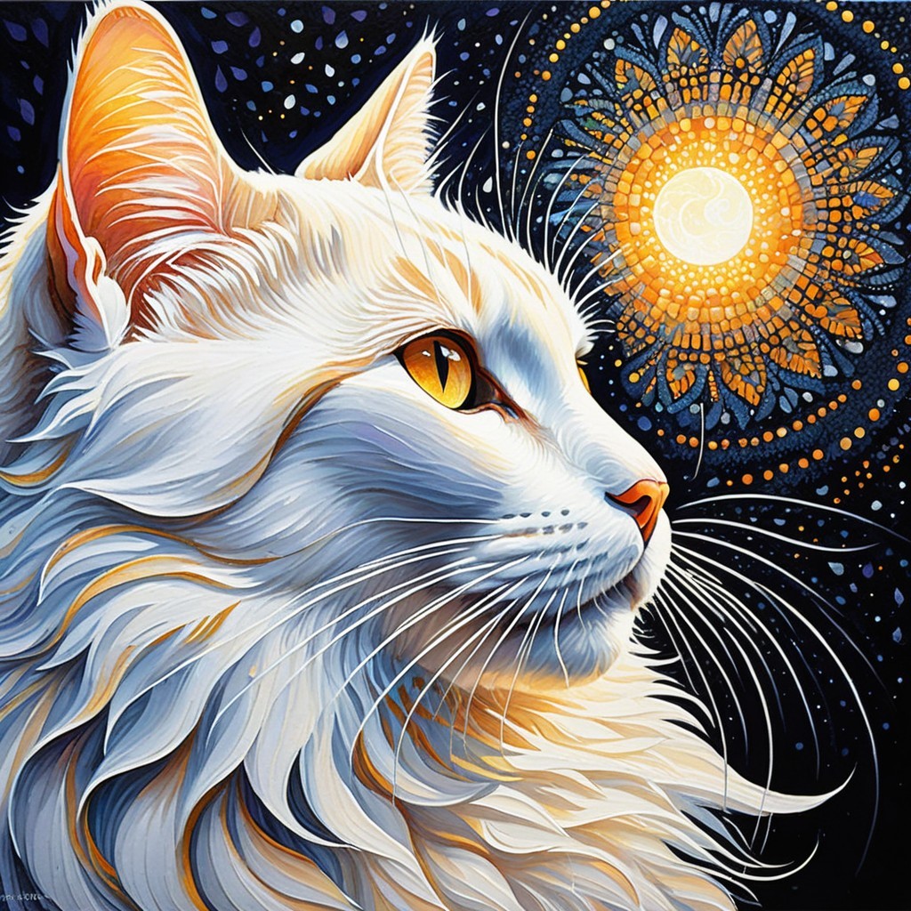 Majestic white cat in a starry night setting
