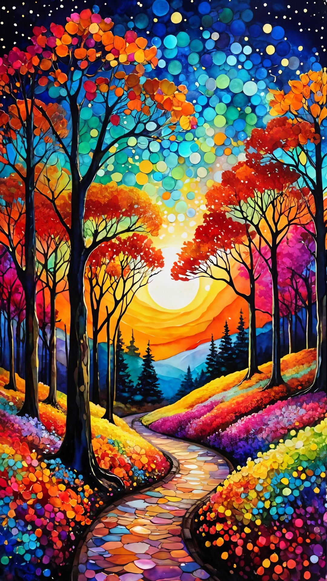 Vibrant Autumn Landscape with Winding Path and Flowers