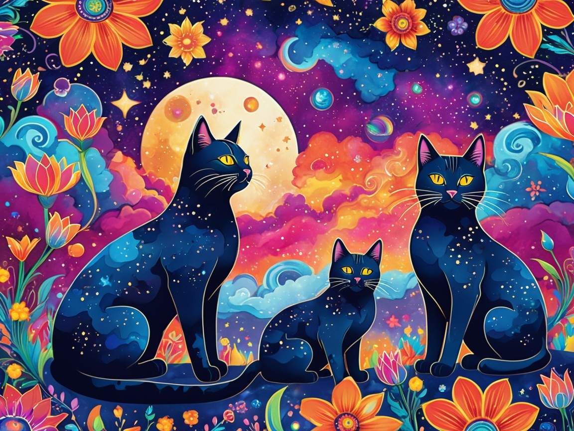 Three Black Cats in a Cosmic Galaxy Scene
