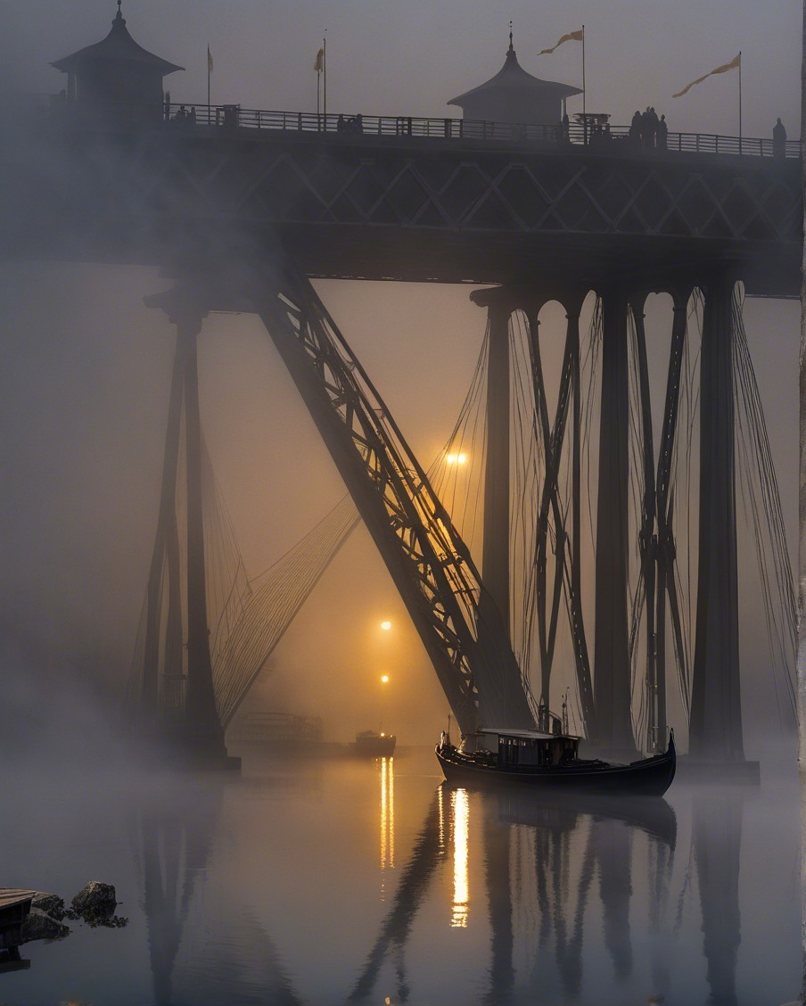 Foggy Bridge Scene with Serene Boat and Sunlight