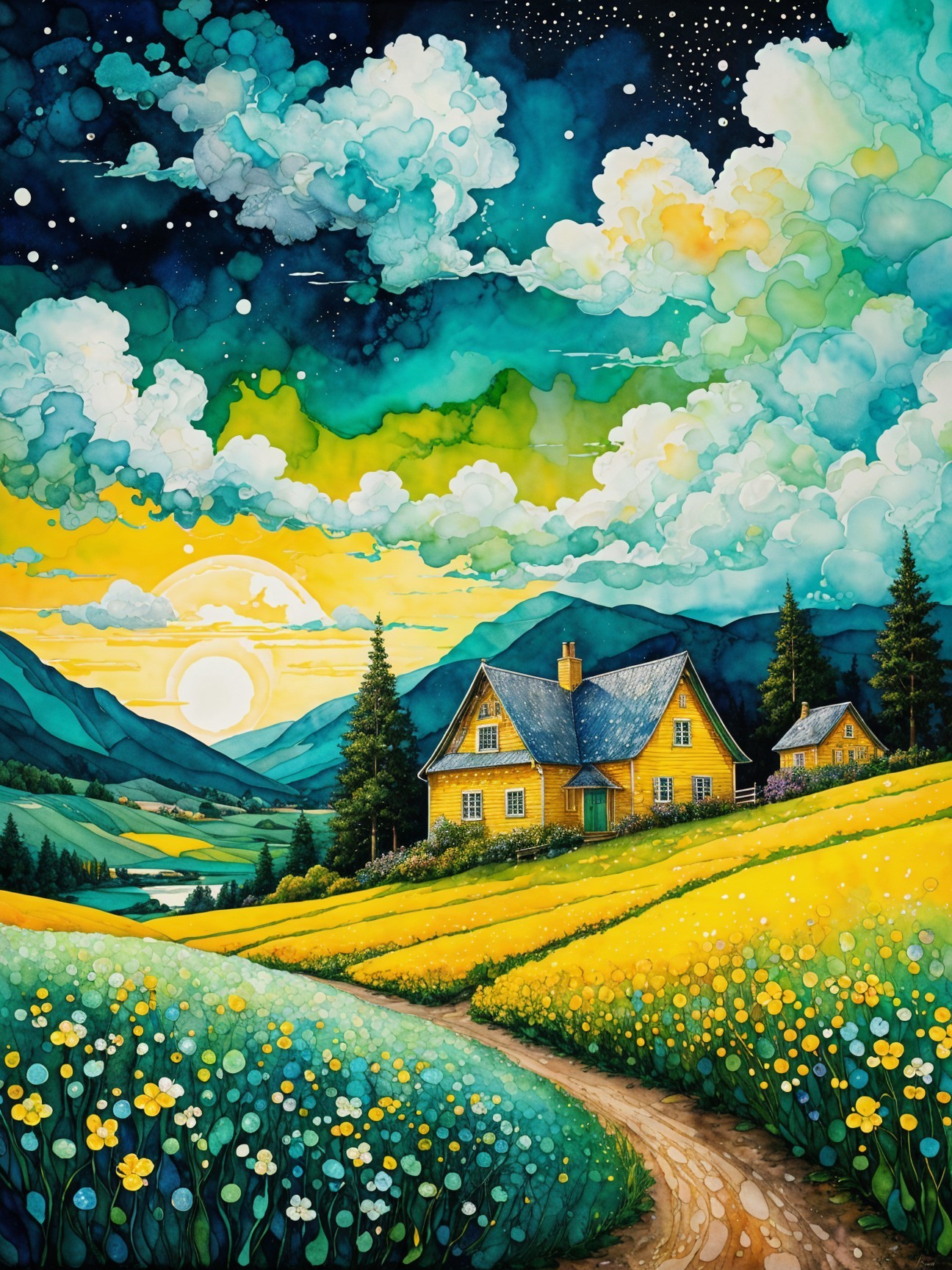 Vibrant Landscape with Yellow House and Flowers