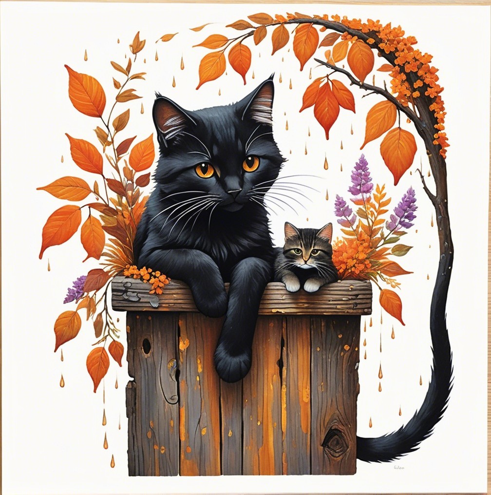 Whimsical Illustration of Cats Among Autumn Leaves