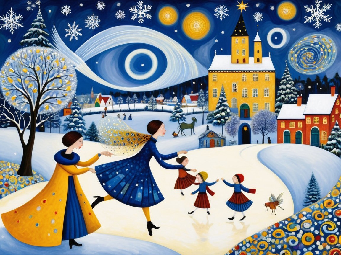 Whimsical Winter Scene with Joyful Women and Children
