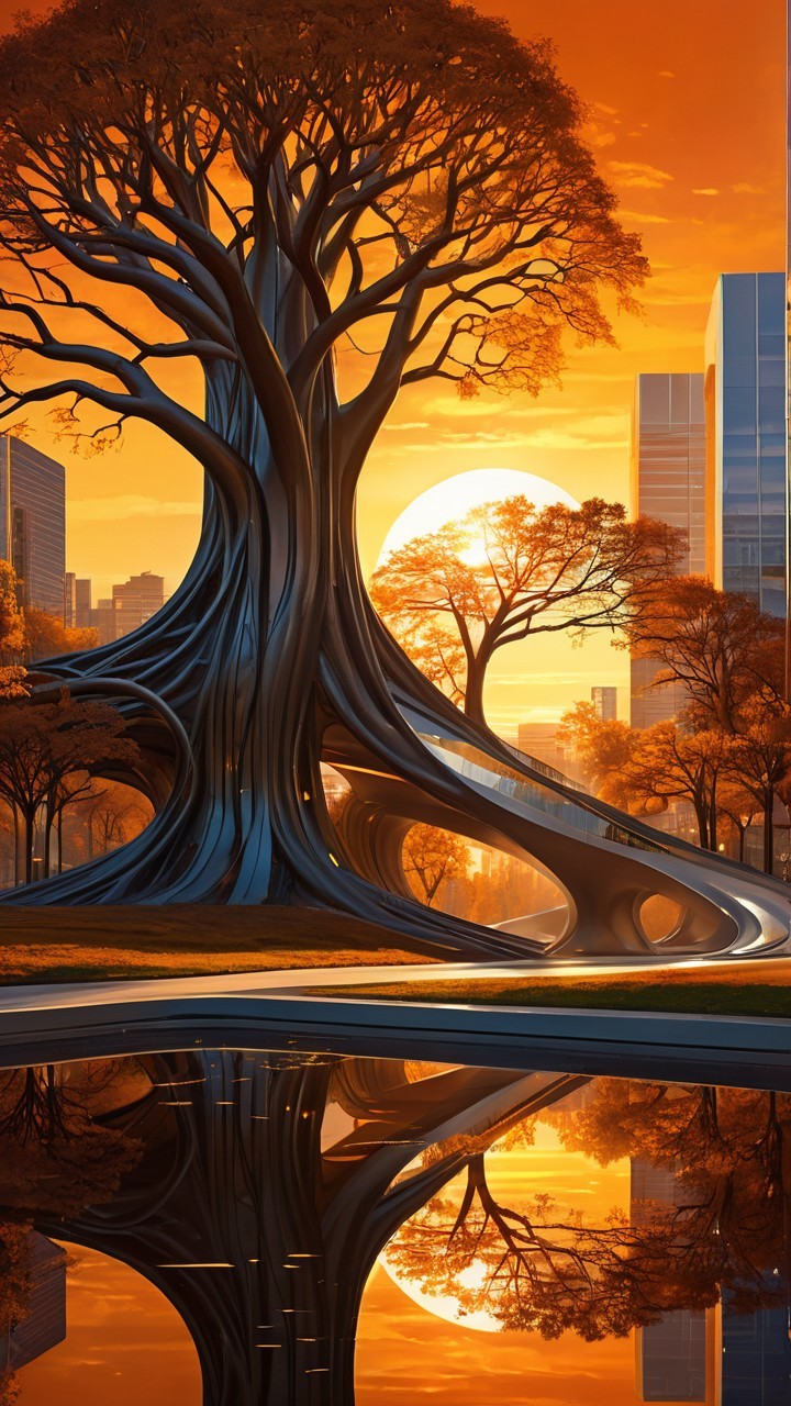 Futuristic cityscape with sunset and metallic tree