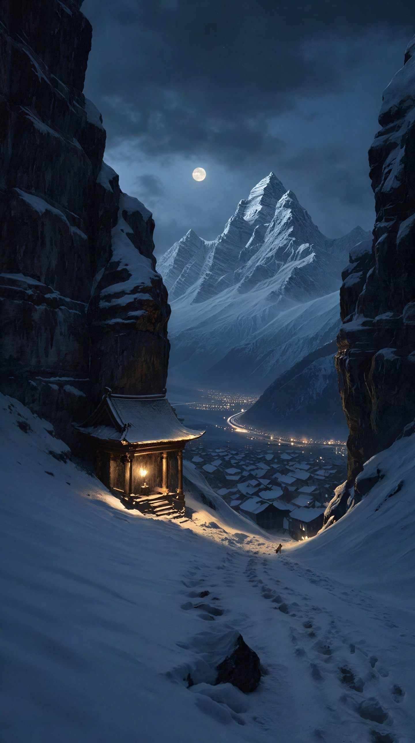 Snowy Mountain Valley Under Full Moonlight
