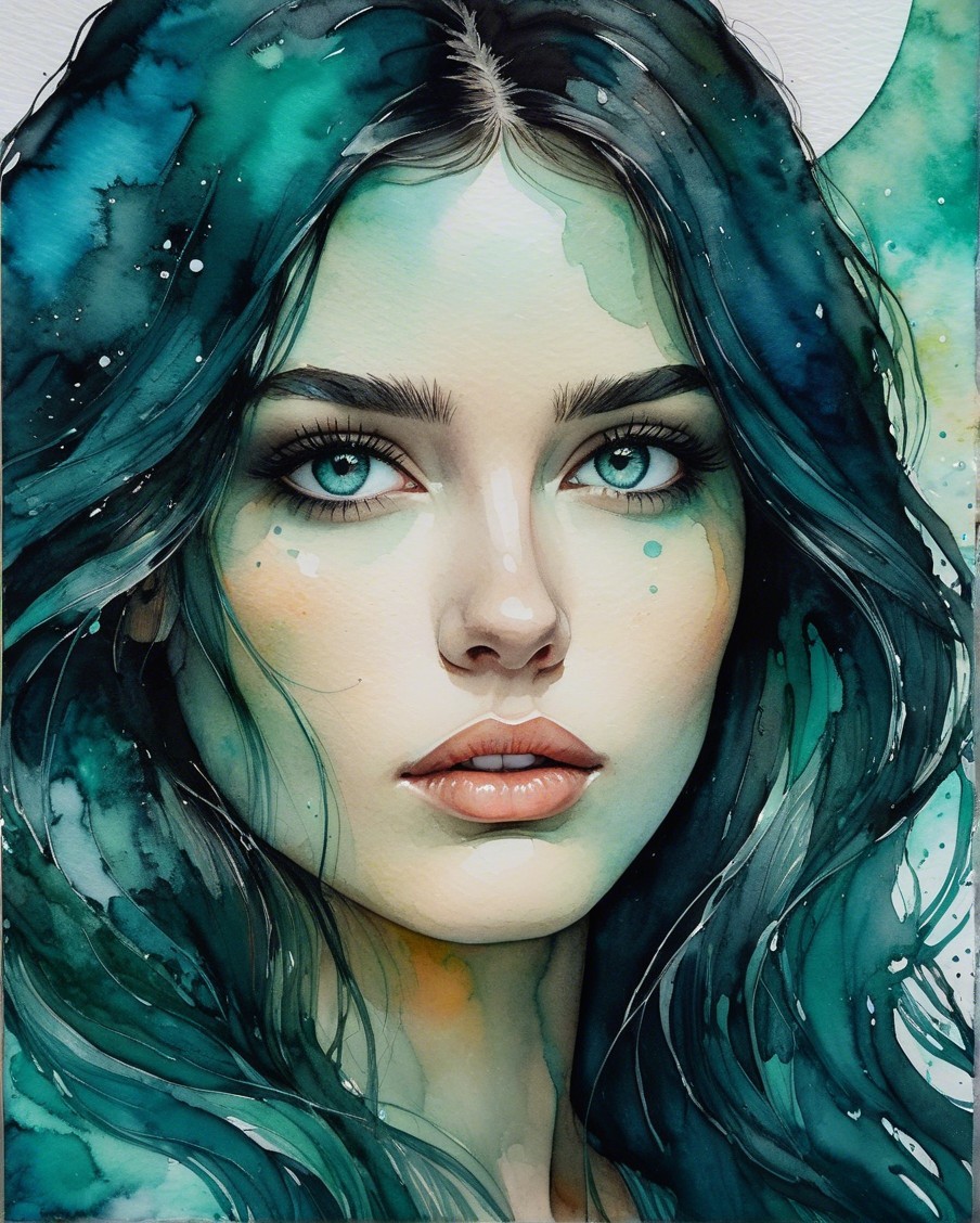Watercolor Portrait of Woman with Dark Hair and Blue Eyes