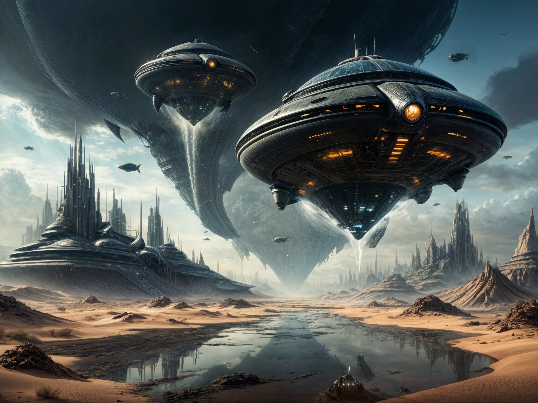 Futuristic Desert Landscape with Hovering Spacecraft
