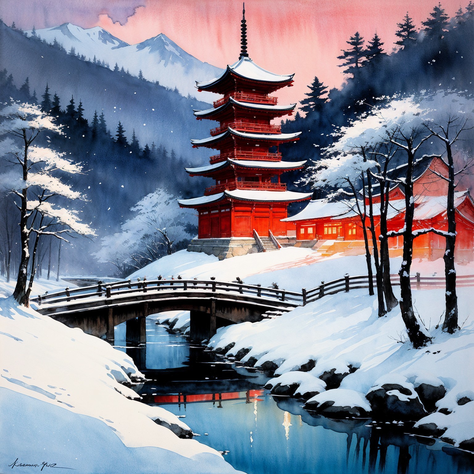 Winter Landscape with Pagoda and Snowy Mountains