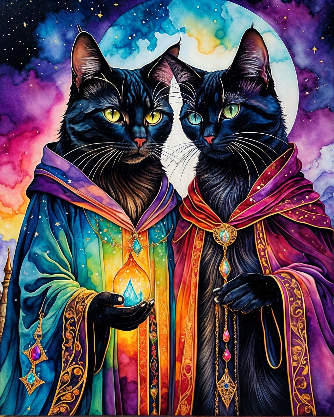 Majestic black cats in colorful cloaks with crystals