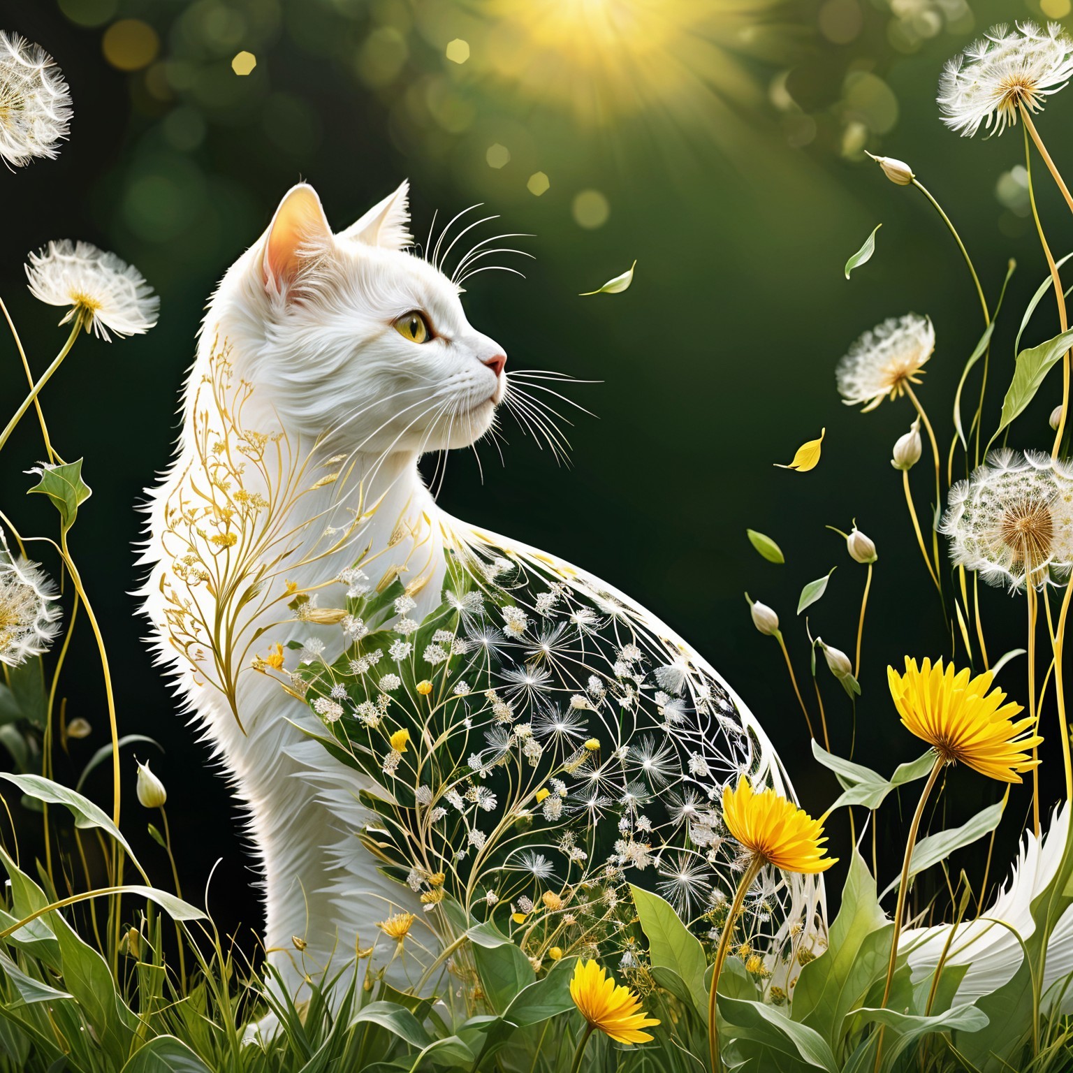White Cat in a Vibrant Meadow of Dandelions