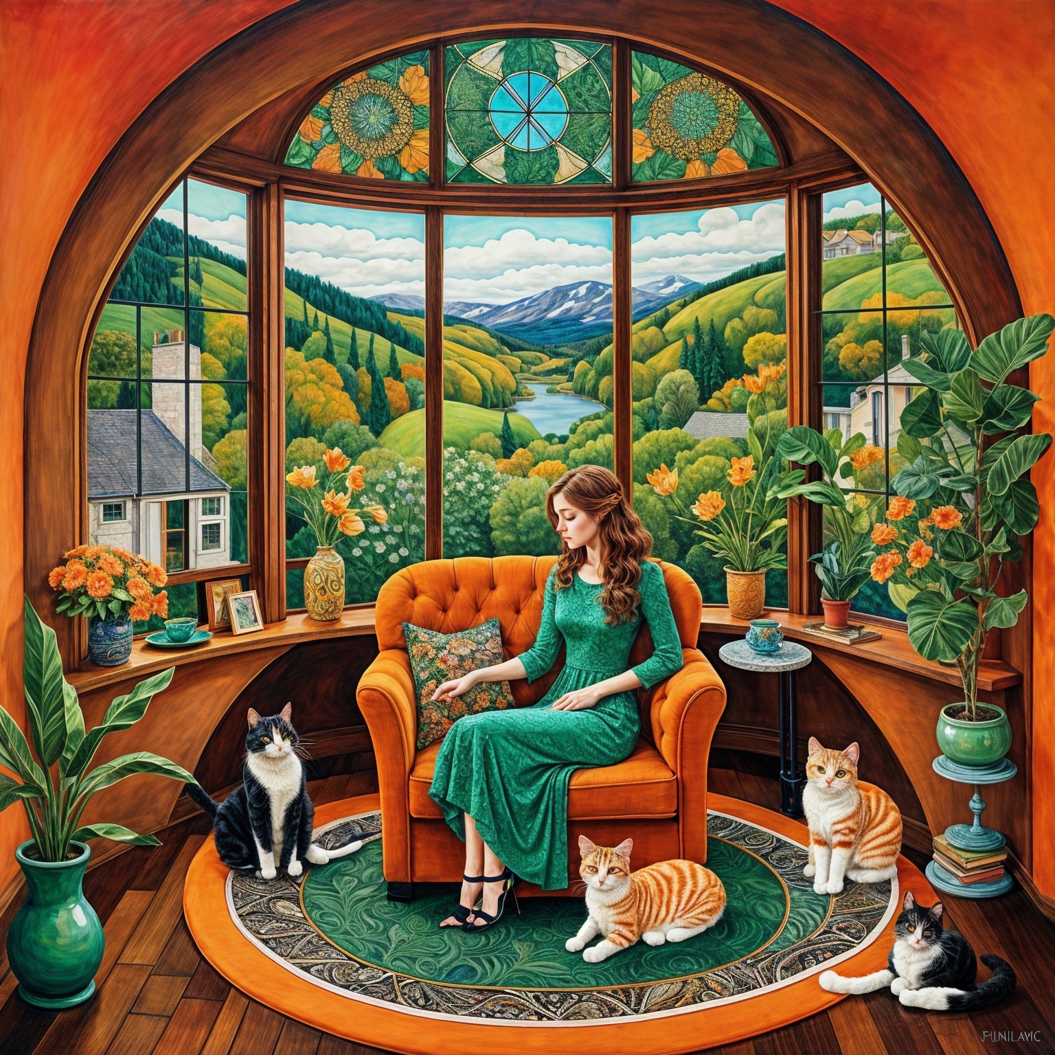 Woman in Green Dress Surrounded by Cats in Sunlit Room
