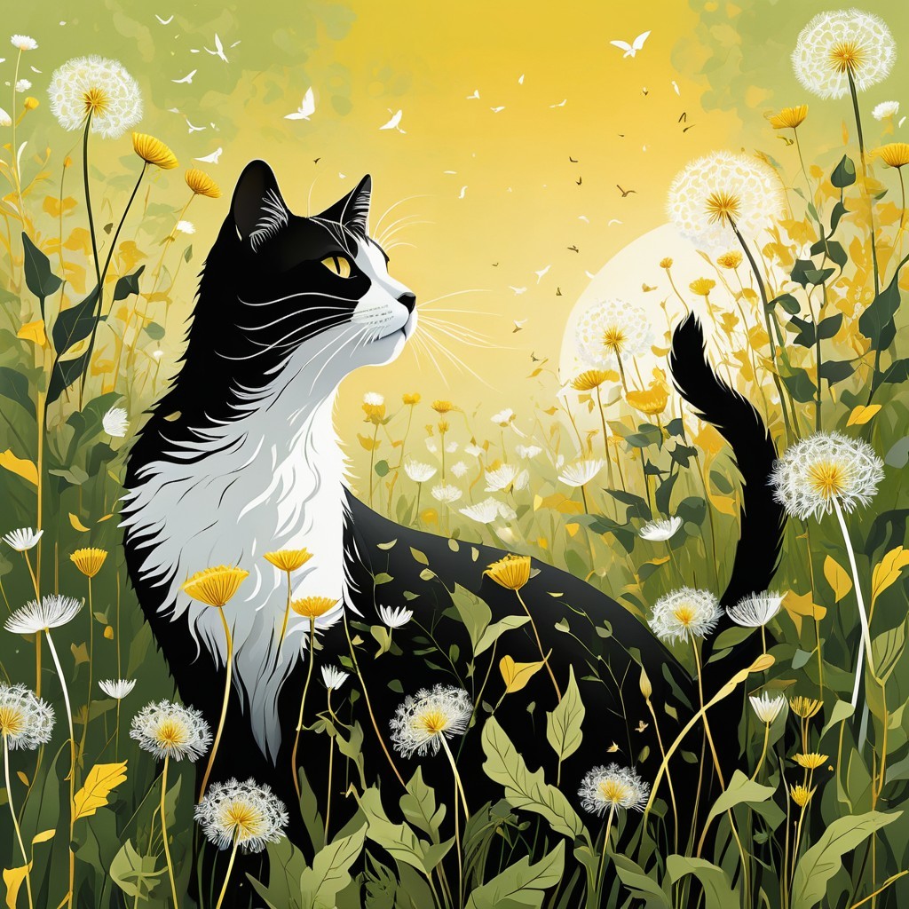 Black and white cat in dandelions at sunset