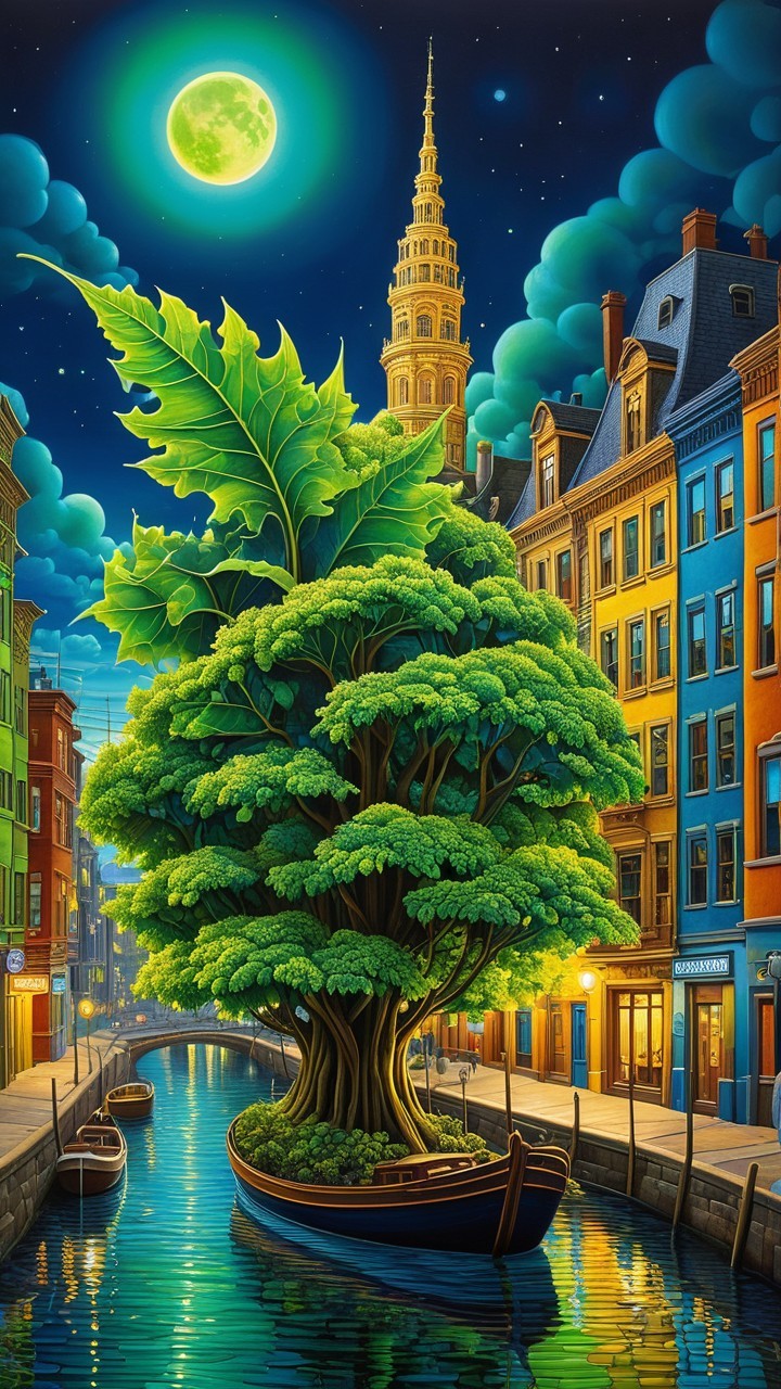 Surreal Scene of Tree and Canal Under Starry Sky