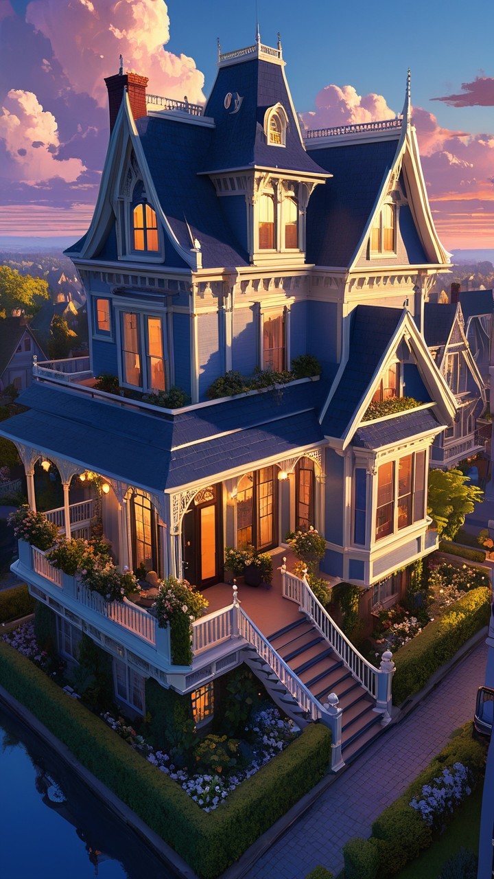 Victorian-style mansion with blue roof and gardens