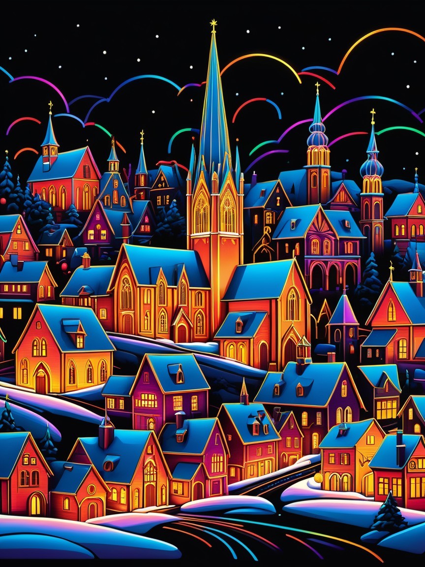 Illuminated Village at Night with Colorful Buildings