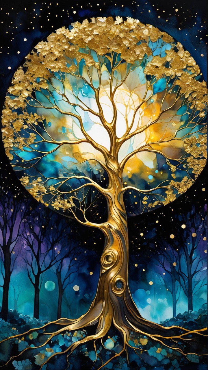 Golden Tree Artwork with Ethereal Background and Stars
