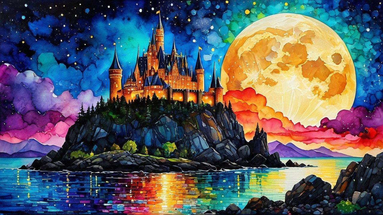 Watercolor Painting of Castle on Rocky Island at Night