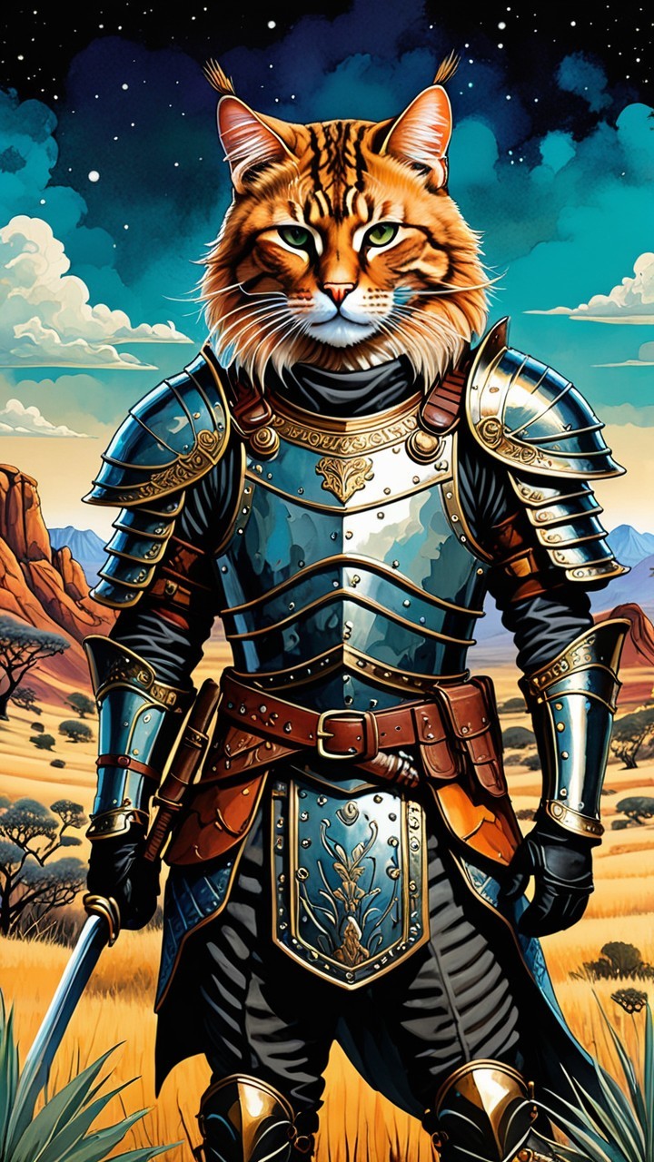 Heroic Feline Warrior in Fantasy Landscape Scene