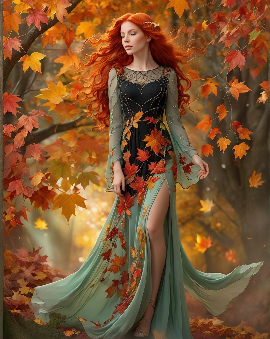 Woman in elegant gown among vibrant autumn leaves