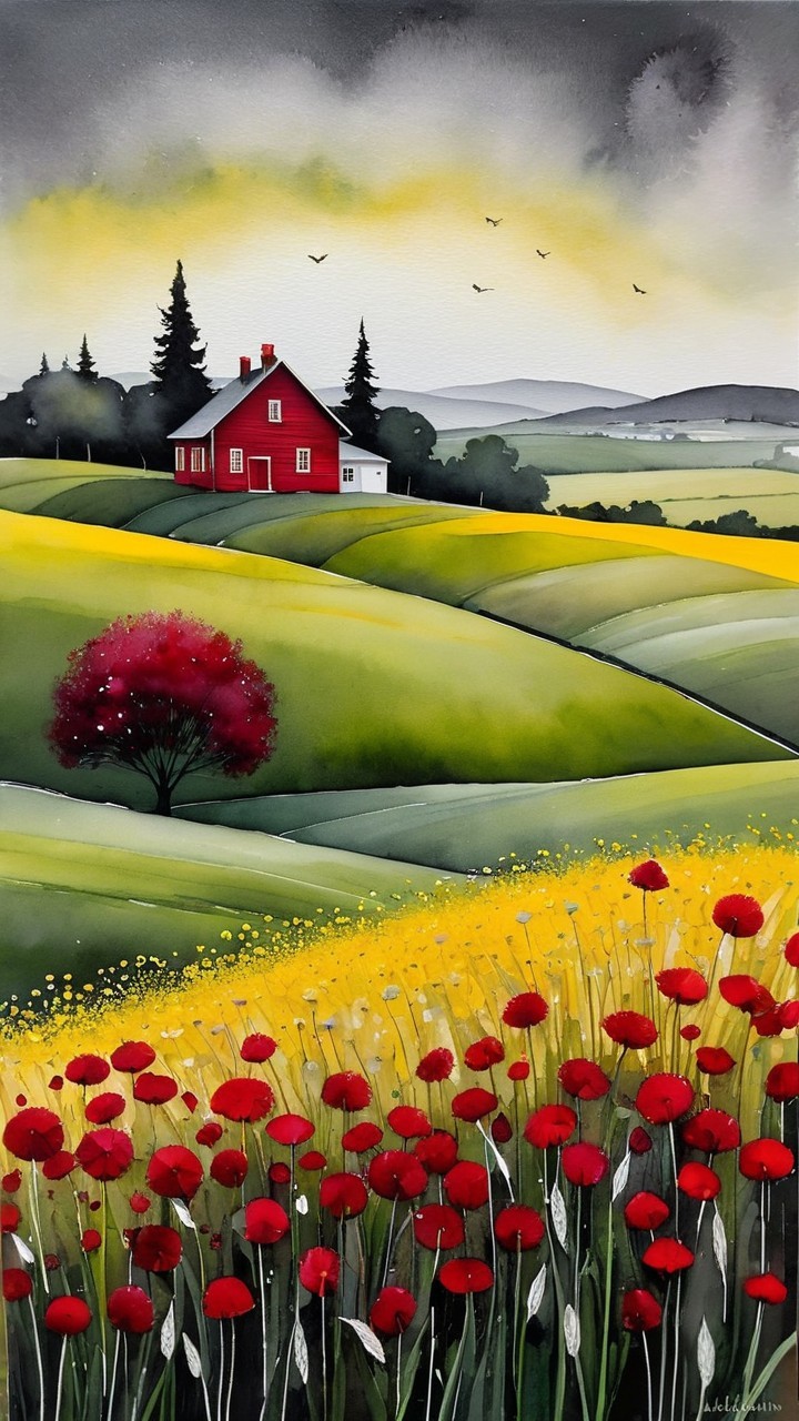 Quaint Red House on Green Hills with Colorful Flowers