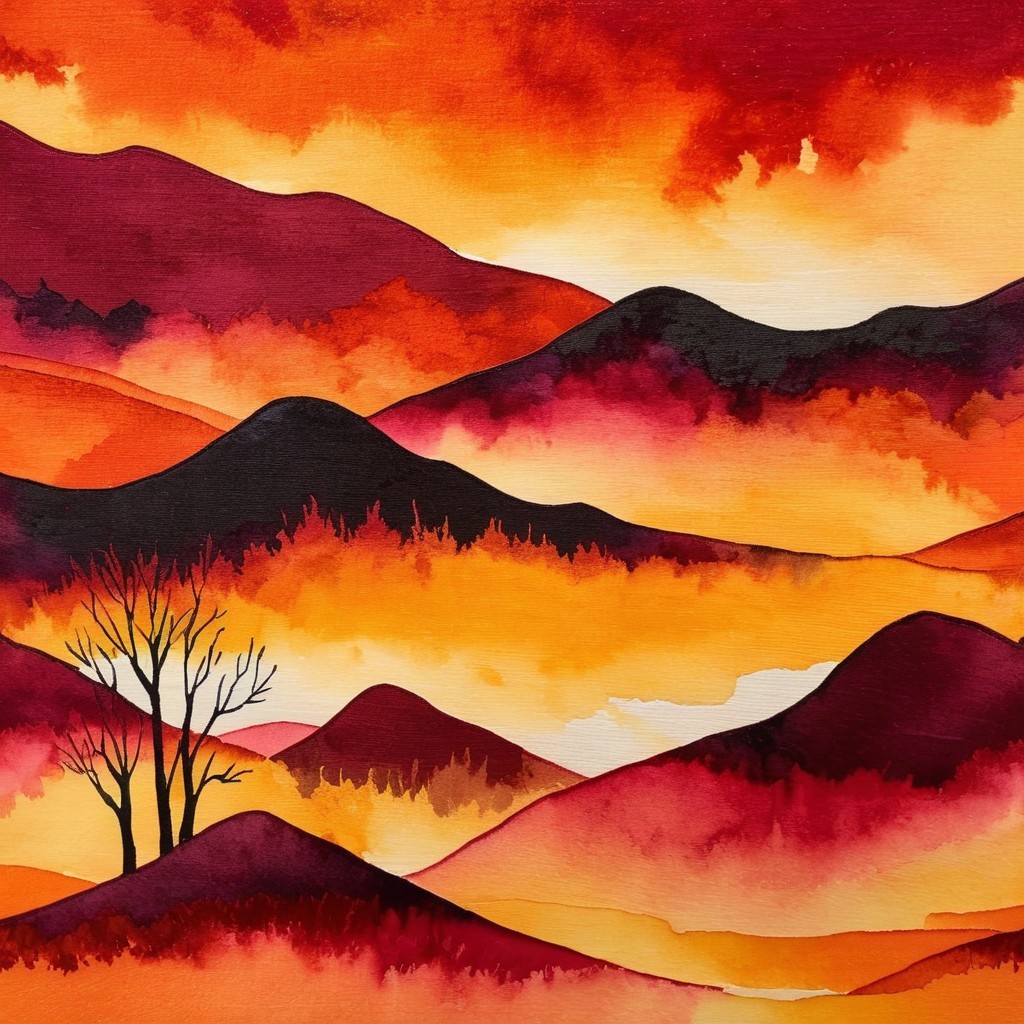 Vibrant Watercolor Landscape of Sunset Hills and Tree