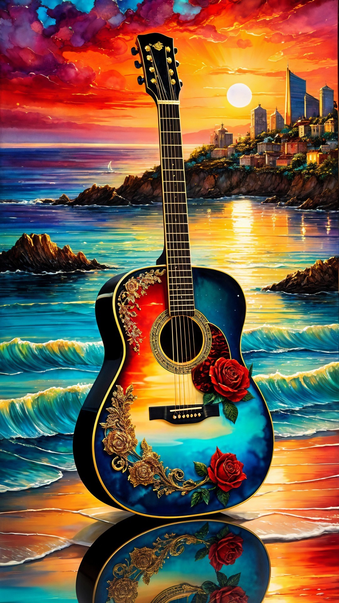 Acoustic Guitar on Beach at Sunset with Coastal Town