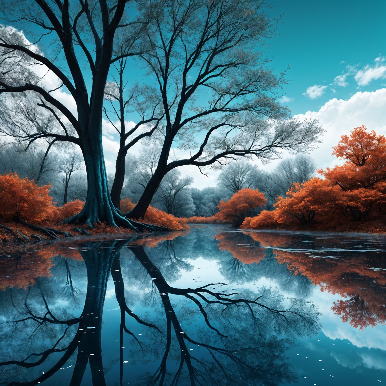 Tranquil River Landscape with Vibrant Foliage and Sky