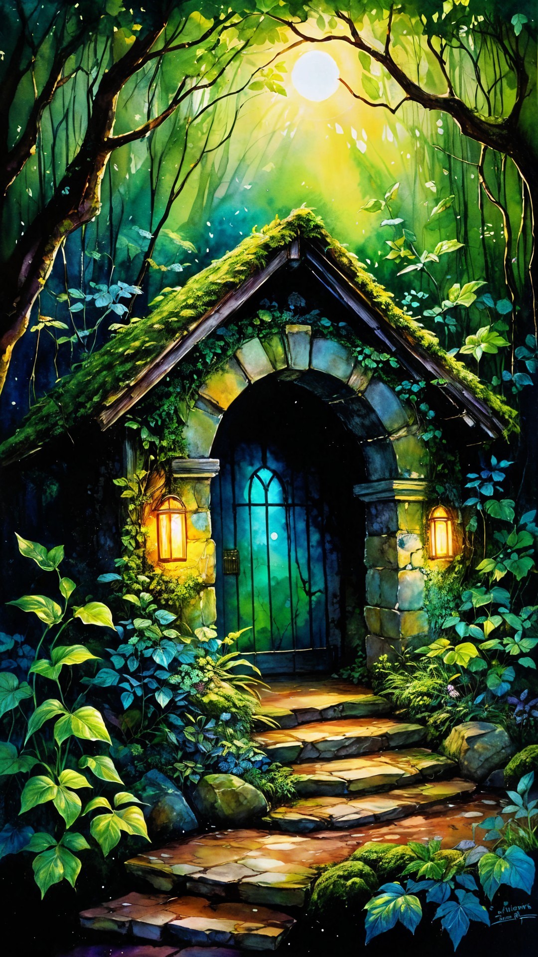 Mystical Forest Scene with Stone Cottage and Lanterns