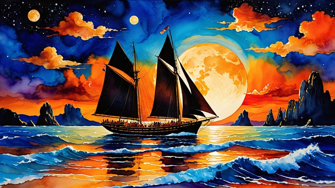 Vibrant Sunset with Sailing Ship and Dramatic Rocks