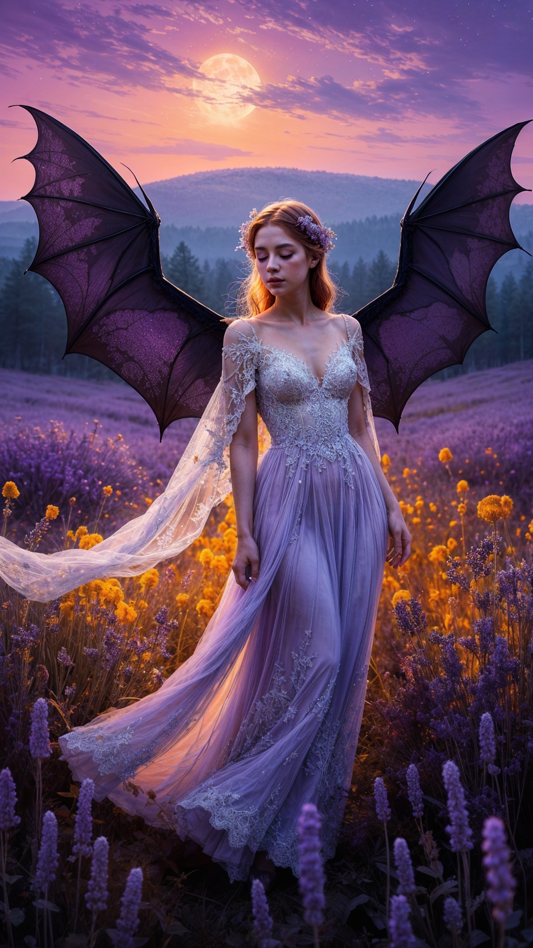 Young woman in lavender field at sunset with wings