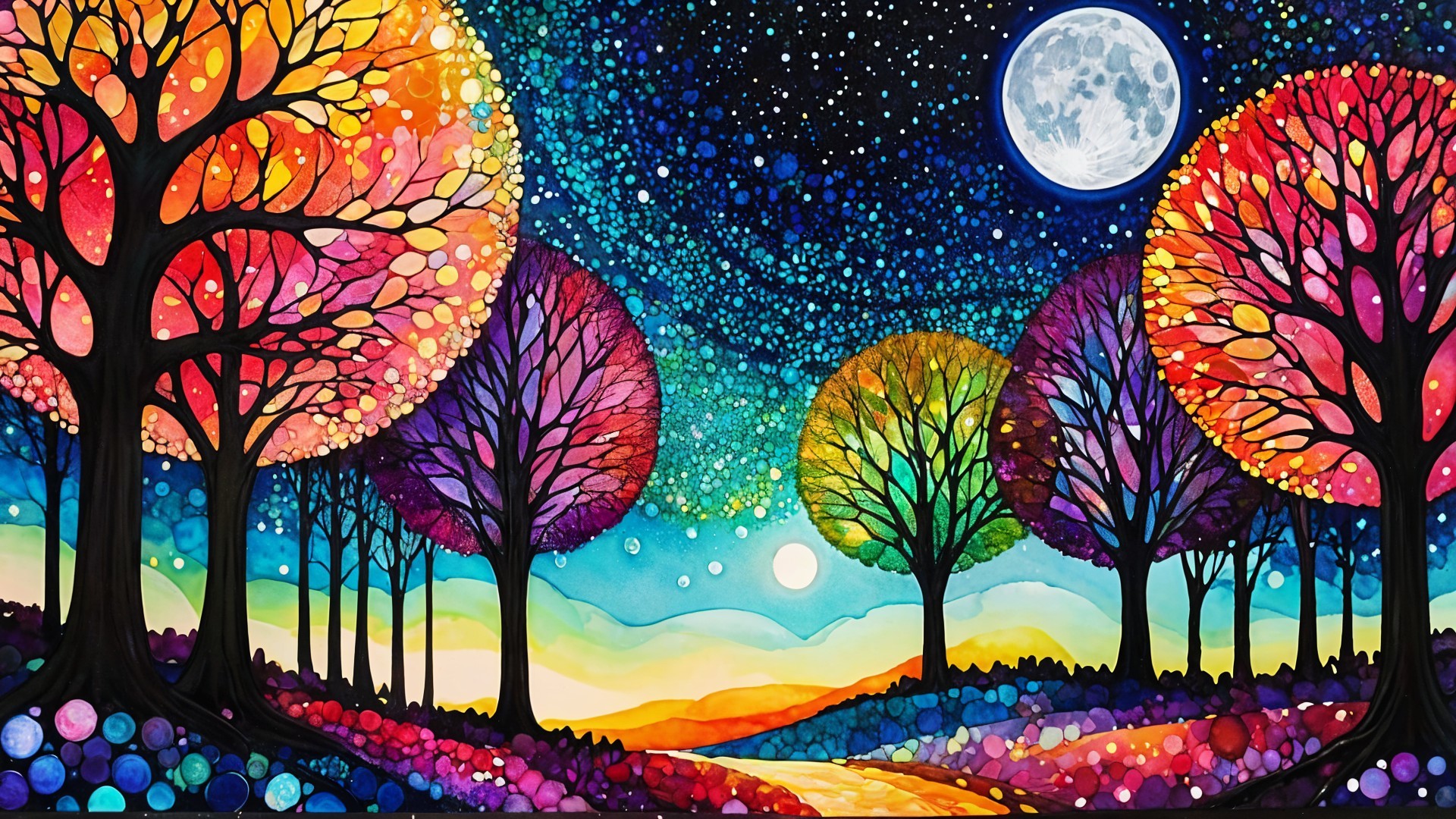 Vibrant Whimsical Landscape with Colorful Trees