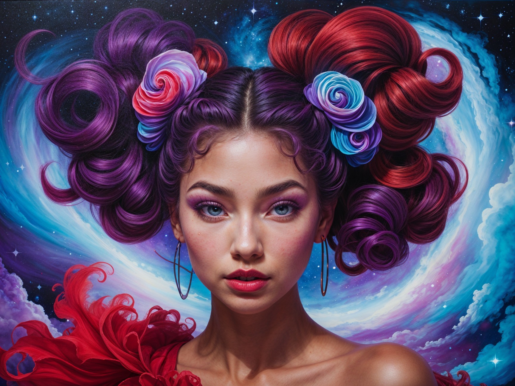 Portrait of a Young Woman with Colorful Curls and Makeup