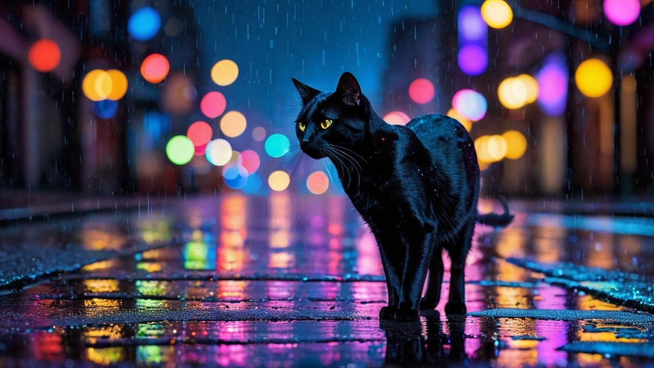 Sleek Black Cat on Rain-Soaked Urban Street