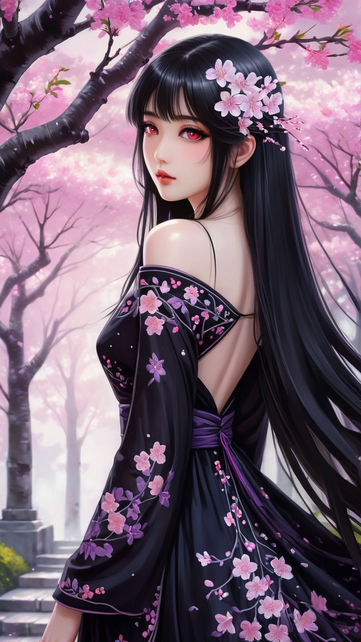 Young woman in black dress among cherry blossoms