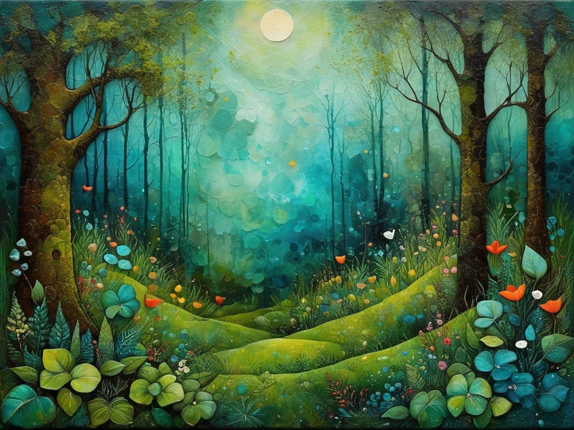 Serene Woodland Scene with Ethereal Light and Blooms