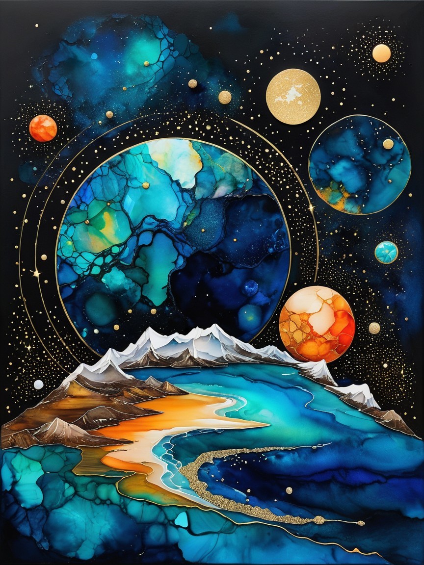 Abstract Landscape with Cosmic Elements and Textures