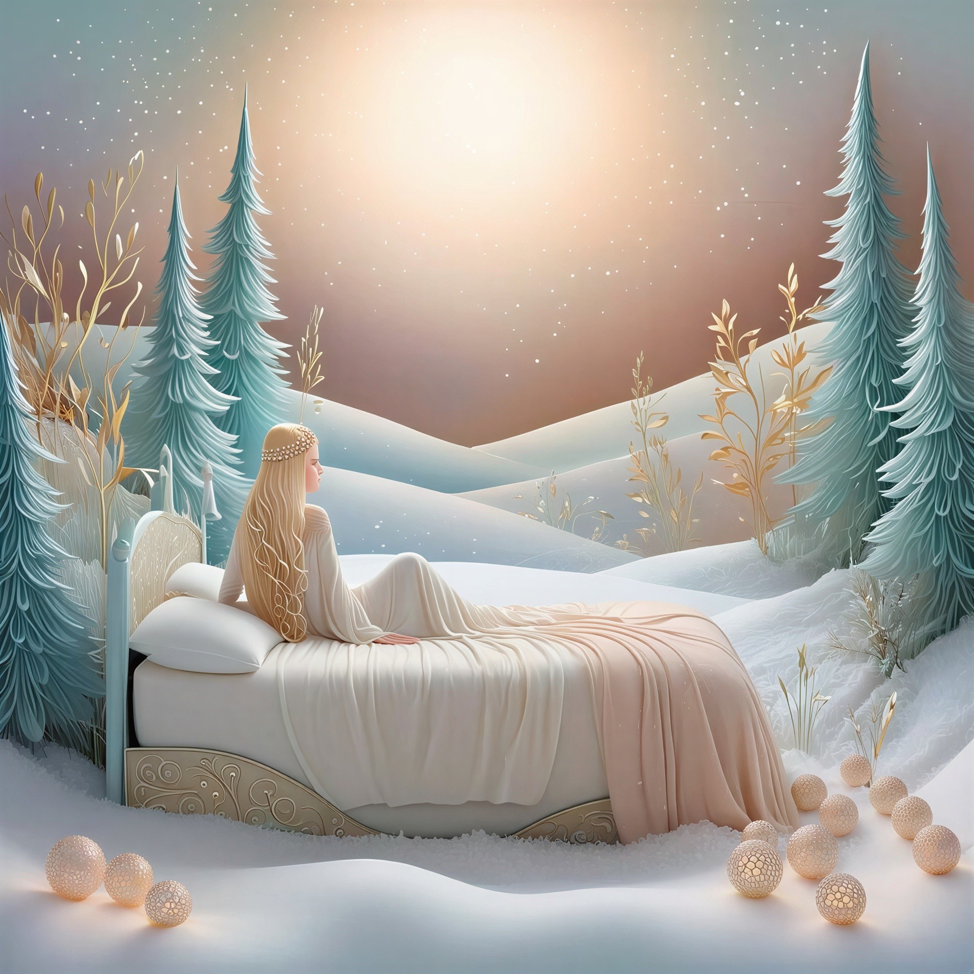 Surreal Digital Art of Woman in White Dress in Snowy Scene