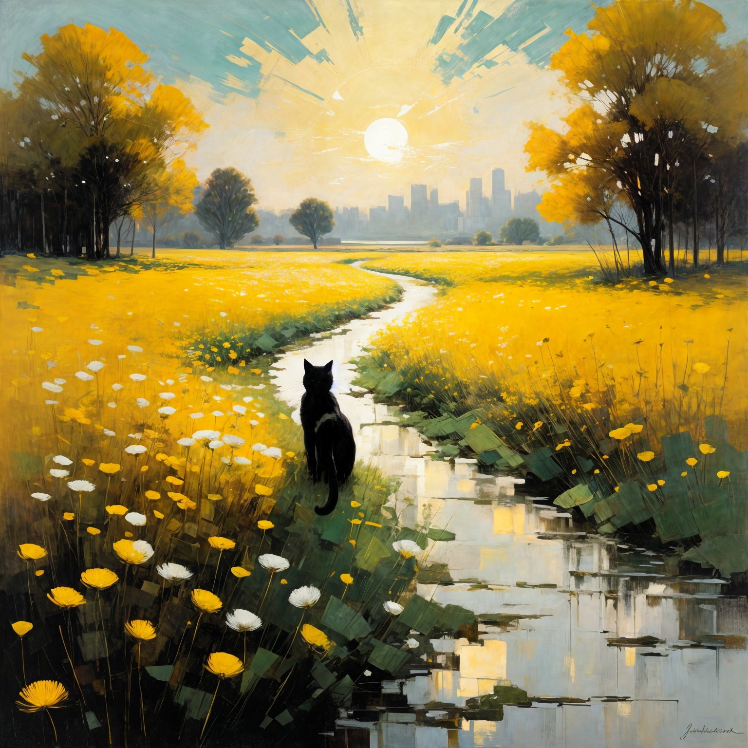 Black Cat by Winding Creek in Vibrant Landscape