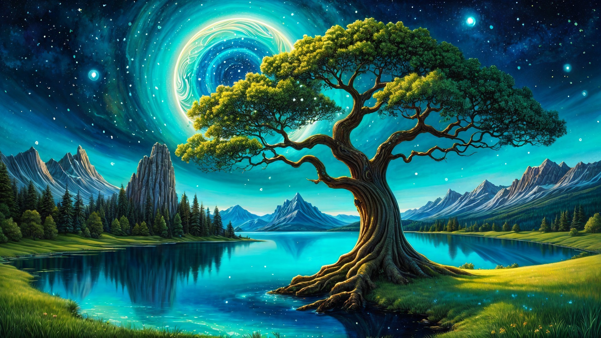 Majestic Tree by Tranquil Lake Under Starry Sky