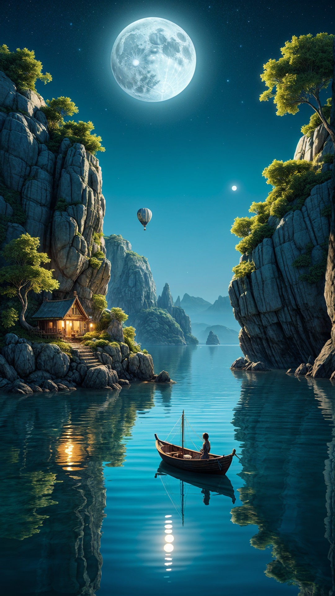 Serene landscape with boat, cliffs, and moonlit scene