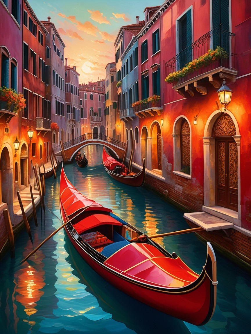 Venetian Canal at Sunset with Gondolas and Colorful Buildings