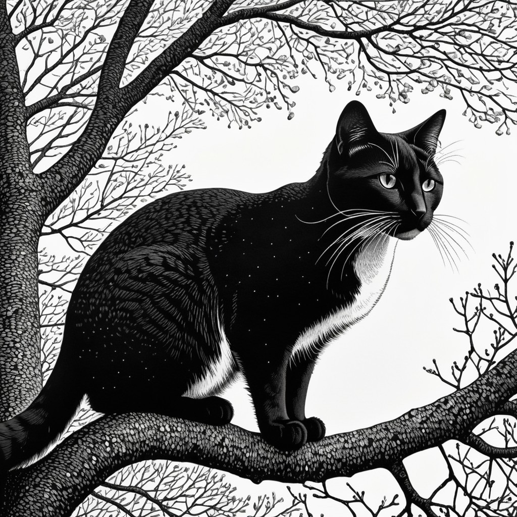 Black Cat on Tree Branch with Whimsical Background